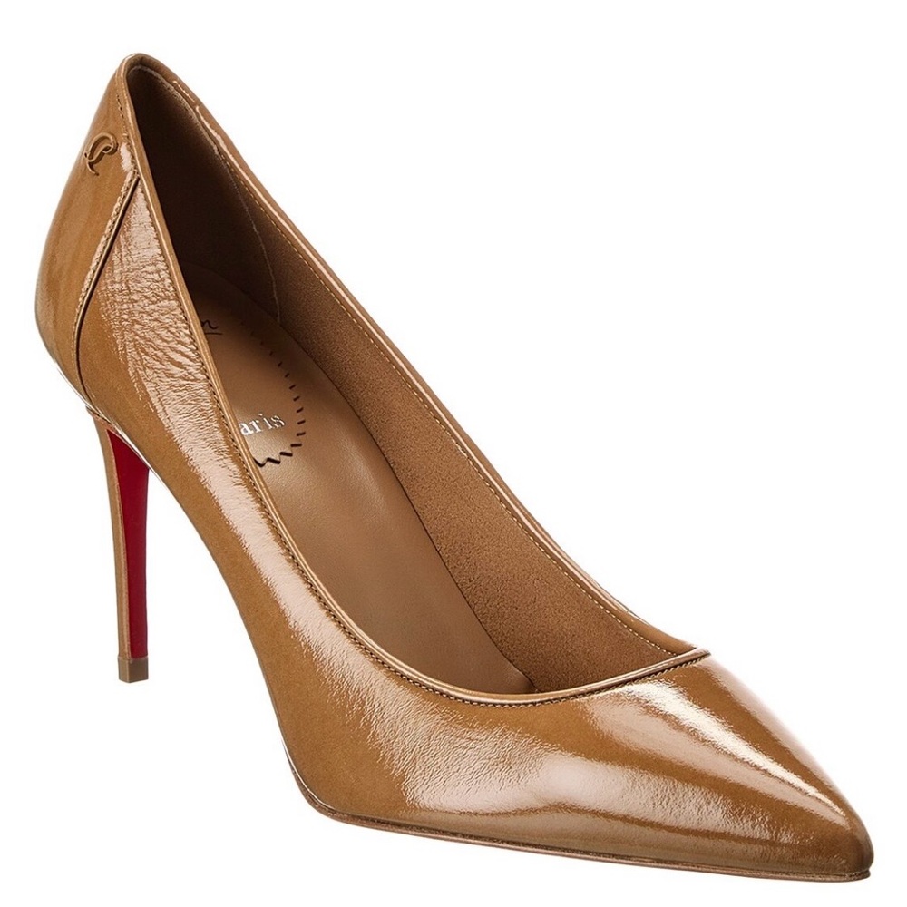 Christian Louboutin Patent Leather Pointed-Toe Pump in Tan with Red Sole